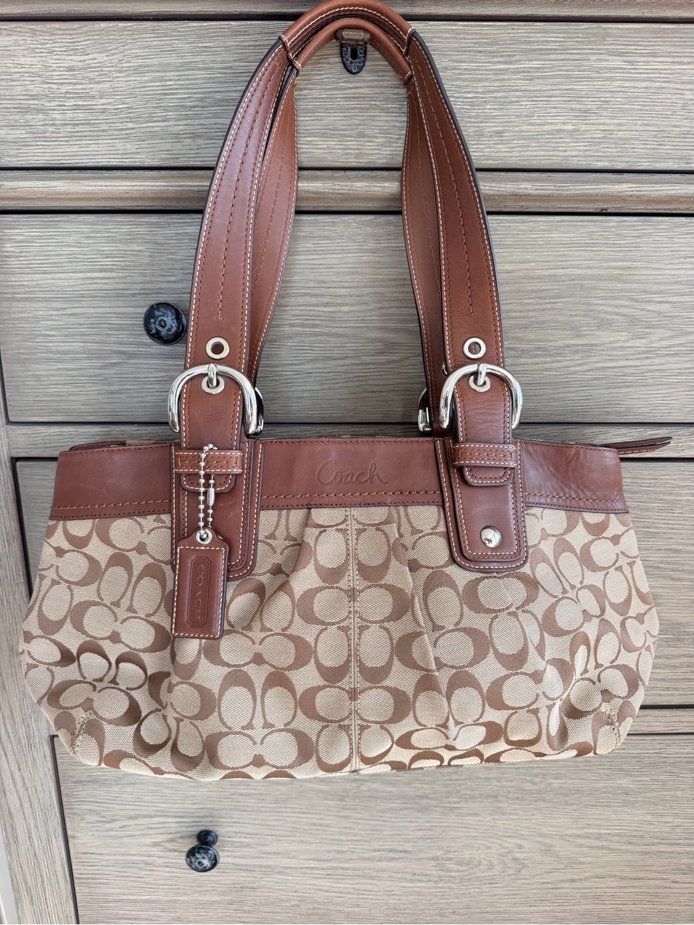 Coach Soho Signature Pleated Tote F13742 Khaki Brown